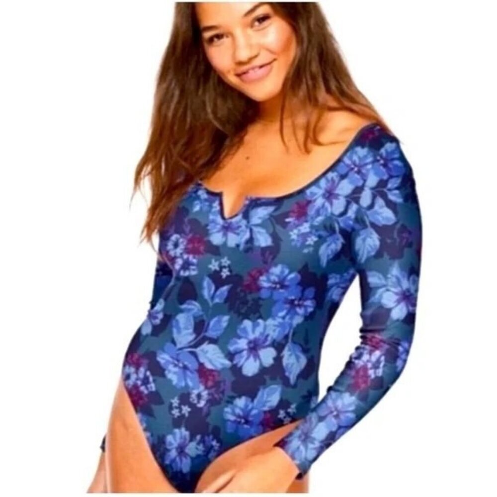 PINK Victoria's Secret Blue Tropical Floral Long Sleeve Bodysuit